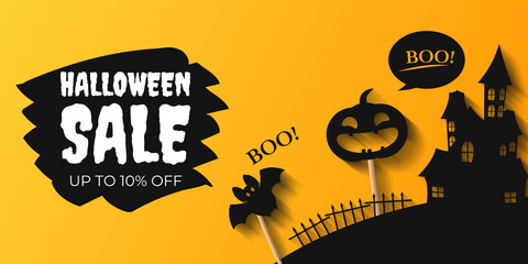 Happy Halloween sale vector banner. Paper cut style. Vector illusration