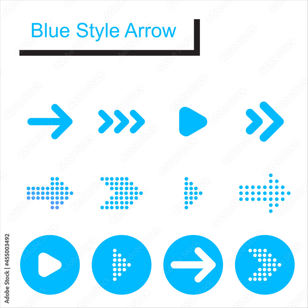 Poster blue style arrow icon set. simple circle shape internet button on blue background. contemporary mode
