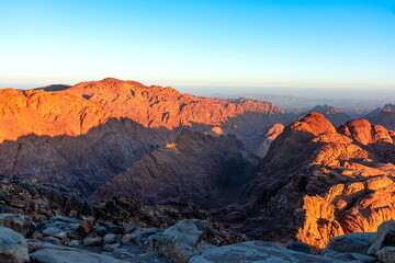 Fototapeta na wymiar Sunrise over Mount Sinai, view from Mount Moses