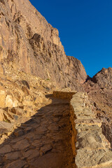 Egypt, trail to Mount Moses on a bright sunny day, mountain view
