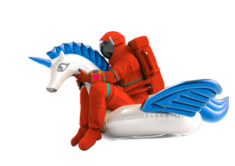 astronaut is riding a inflatable unicorn on white background side view