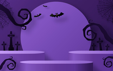 Halloween background design with 3d Podium round, square box stage podium ghost, pumpkin, bat, lamp, gravestone, moon, night, spooky,gravestone and paper cut art elements craft style on background.

