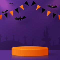 Halloween background design with 3d Podium round, square box stage podium ghost, pumpkin, bat, lamp, gravestone, moon, night, spooky,gravestone and paper cut art elements craft style on background.
