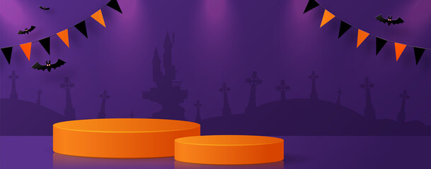 Halloween background design with 3d Podium round, square box stage podium ghost, pumpkin, bat, lamp, gravestone, moon, night, spooky,gravestone and paper cut art elements craft style on background.
