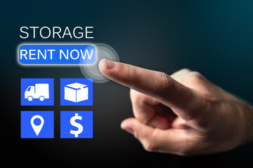 Storage Units icons near person hand. Self storage unit rental. Storage rent now inscription. Man...