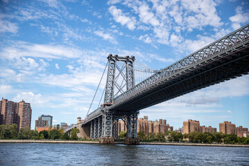 The Williamsburg Bridge is a suspension bridge in New York City across the East River connecting the Lower East Side of Manhattan at Delancey Street with the Williamsburg neighborhood of Brooklyn.