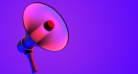 Loudspeaker three-dimensional. loudspeaker symbolizes advertising or propaganda. Horn loudspeaker. Megaphone on violet background. Megaphone for advertising messages. Gramophone model. 3d image.