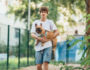 Funny french puppy bulldog and teenager playing games outside. Adorable orange bulldog in blue harness in the playground on a sand. Still life, friendship with a dog. 