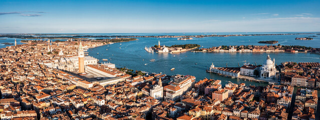 Aerial View Of Venice near Saint Mark's Square, Rialto bridge and narrow canals. Beautiful Venice from above.