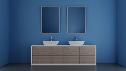 3D illustration modern interior design bathroom with blue walls. 3D illustration.