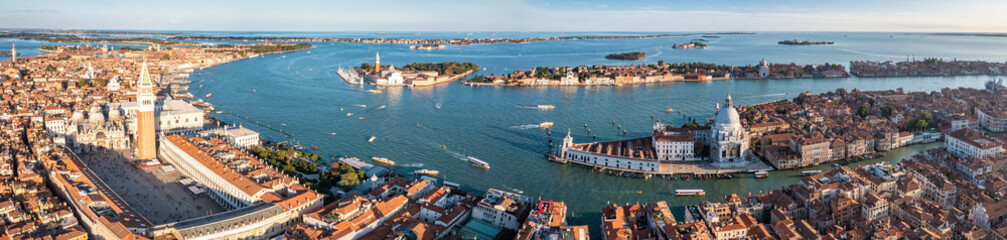 Fototapeta na wymiar Aerial panoramic view of iconic and unique Campanile in Saint Mark's square or Piazza San Marco, Venice, Italy