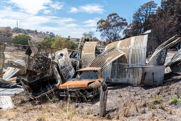 Burnt debris and rubble, in the aftermath of a summer bushfire in Australia