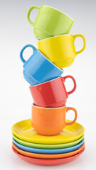 Colorful coffee cup on colorful paper background A lot of cups for coffee and tea in coffee shop Food and drink background concept