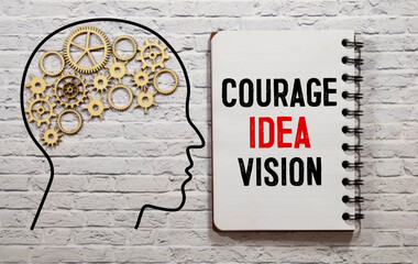 COURAGE IDEA VISION. Text on white notepad paper on light background