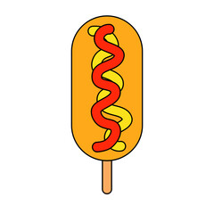 Vector illustration of corn dog with tomato sauce and mustard.