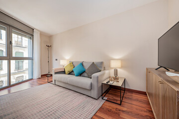 Living room with large floor-to-ceiling window, gray sofa with colorful cushions and large television in a vacation rental apartment