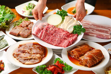 It looks delicious. Pork belly, seasoned galbi, meat 먹음직스러운 돼지고기 삼겹살 양념갈비 고기 모듬