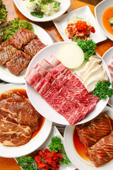 It looks delicious. Pork belly, seasoned galbi, meat 먹음직스러운 돼지고기 삼겹살 양념갈비 고기 모듬