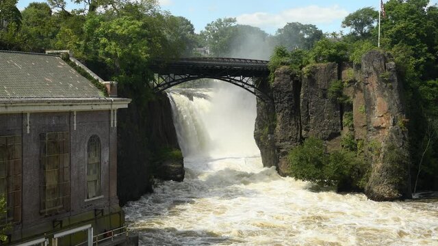 Paterson Falls, NJ Strong Flow after Hurricane Ida Storm Mid Angle in Video