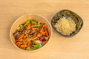 South Korean popular recipe for yeyuk accompanied by cooked white quinoa