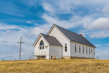 The historic yet abandoned White Valley Lutheran Church south of Shaunavon, SK, Canada