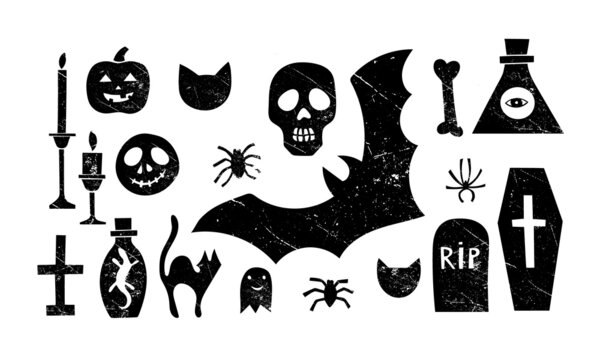 Set of vector images for Halloween in retro style. Skull, coffin, cross, bat, spiders, poison, pumpkins, candles, black cats. Illustration. Hand drawing. Black on a white background. Scuff texture.