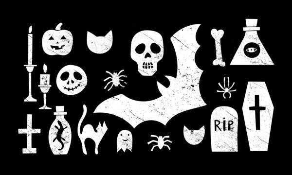 Set of vector images for Halloween in retro style. Skull, coffin, cross, bat, poison, spiders, pumpkins, candles, black cats. Illustration. Hand drawing. White on a black background. Scuff texture.
