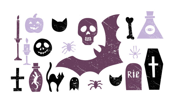 Set of vector images for Halloween in retro style. Skull, coffin, cross, bat, spiders, pumpkins, candles, black cats. Illustration. Hand drawing. Purple and black on a white background. Scuff texture.