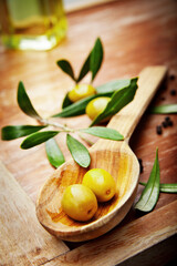 Olive oil with fresh olives on rustic wood