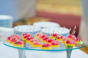 sandwich, mini canapes, buffet food, catering food party at restaurant, snacks and appetizers, mini...