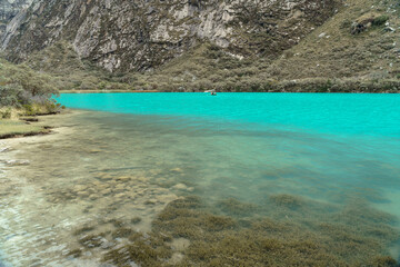 Turquoise lake of Llanganuco valley in the Cordillera Blanca of Ancash, Peru