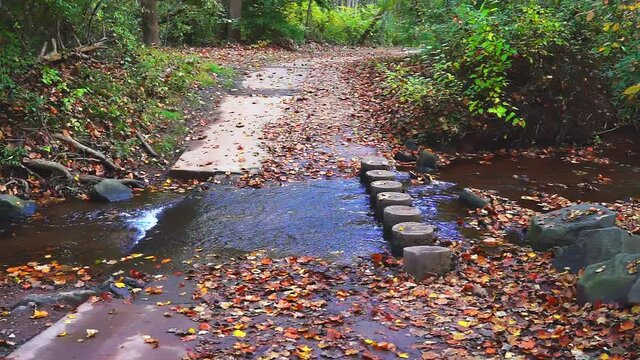 Northern Virginia fall autumn season with river crossing in Fairfax County Sugarland Run Stream Valley Trail creek in autumn