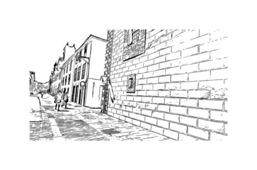 Building view with landmark of  La Laguna is the 
city in Spain. Hand drawn sketch illustration in vector.