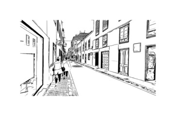 Building view with landmark of  La Laguna is the 
city in Spain. Hand drawn sketch illustration in vector.