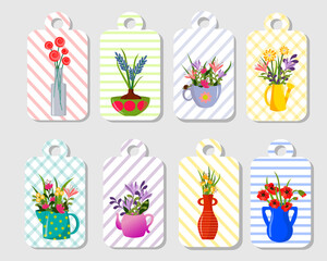 Set of labels with colorful flowers. Bouquets of flowers in a teapot, jug and vase, garden watering can and pot. Vector illustration. For flower shops, gifts, price tags, souvenirs.