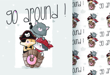 Cute animal kitten pirate on the ship seamless pattern: can be used for cards, invitations, baby shower, posters; with white isolated background
