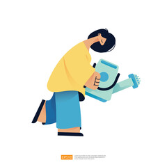 woman character holding watering can. gardening and watering houseplants flower. Hobby concept Vector illustration in flat style