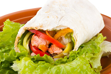 burrito with salmon, peppers and tomato