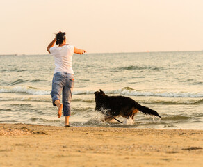 female dog owner with his long-haired German Shepherd trains at sea beach