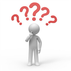 3d man thinking with question marks over his head.
