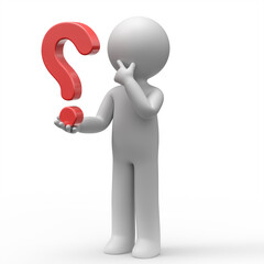 3d confused man looking at question mark symbol.
