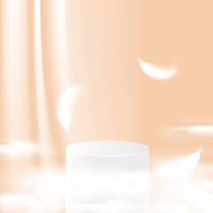Artificial scene podium stage makeup for cosmetic beauty product background with fluffy cloud, curtain and feather decoration in white peach color.