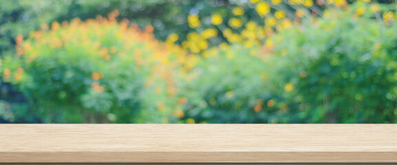 Wooden table for food, product display over blur green garden background, Empty wooden shelf, desk...