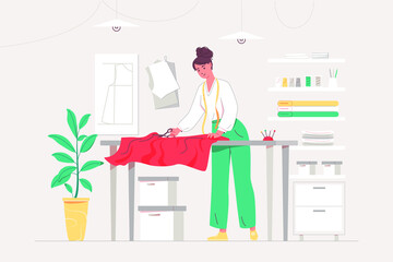 Fashion designer. Tailor creates  fashion model. Woman sewing clothes. Creation fashion collection. Vector flat illustration