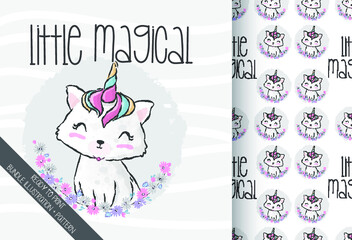 Cute animal baby magical caticorn with seamless pattern: can be used for cards, invitations, baby shower, posters; with white isolated background
