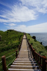 a beautiful seascape with seaside walkway