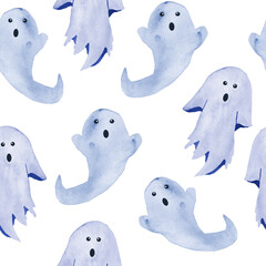 Hand drawn watercolor seamless pattern of Halloween fall autumn pastel soft blue ghosts apparitions on white background. Horror goth gothic cards, invitation, Halloween design, Cute kawaii painting