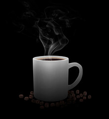 Coffee cup and beans on a black background