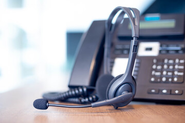 Communication support, call center and customer service help desk. VOIP headset for customer...