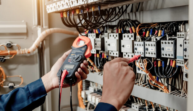 Electrician engineer uses a multimeter to test the electrical installation and power line current in an electrical system control cabinet.